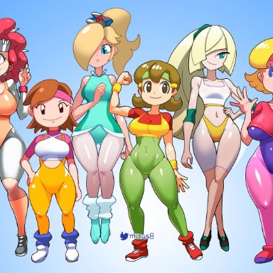 2021, 5-volt, 6+girls, 6girls, :>, absurd res, afro, alternate costume, artist name, ass visible through thighs, asymmetrical clothes, athletic leotard, bare arms, bare shoulders, biceps