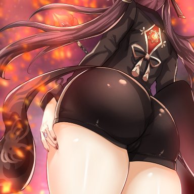 1girls, ass, ass focus, big ass, big butt, female, fully clothed, genshin impact, hat, hu tao (genshin impact), minishorts, o22no, shorts, solo, standing