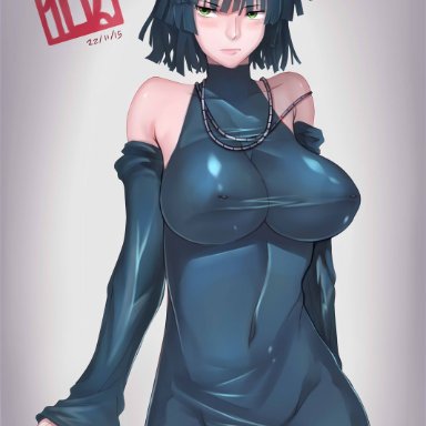 10hmugen, 1girls, 2015, alternate version available, areola, arm behind back, artist name, black hair, blush, breasts, dated, dress, embarrassed, female, female focus