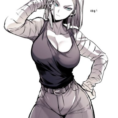 1girls, android 18, blue eyes, clothed, dragon ball fighterz, dragon ball gt, dragon ball super, dragon ball z, female focus, female only, large breasts, large hips, monochrome, short hair, takatsuki ichi