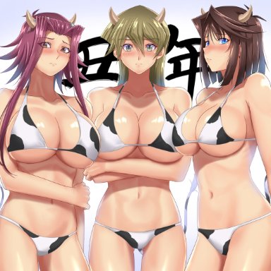 3girls, akiza izinski, alexis rhodes, anzu mazaki, bare shoulders, blonde hair, blue eyes, blush, brown eyes, brown hair, cow bikini, cow horns, cow print, cow print bikini, cow tail