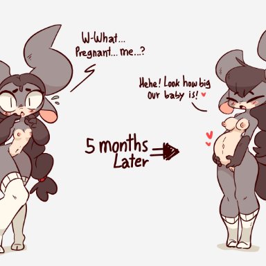 1girls, anthro, before and after, binggan, color, colored, dialogue, diives, gray fur, impregnation, impregnation request, oc, pregnant, sex request, socks only