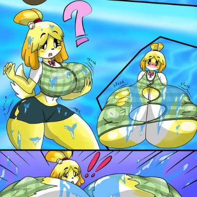 1boy, 1girls, animal crossing, anthro, ass, ass expansion, breast expansion, breasts, bursting breasts, erect nipples, female, giantess, growth, hourglass figure, huge ass