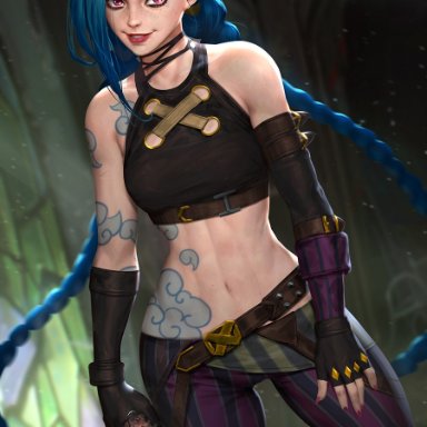 abs, arcane, arcane jinx, arm tattoo, asymmetrical bangs, asymmetrical gloves, bangs, belt, blue hair, braid, cloud tattoo, crop top, feet out of frame, female, fingerless gloves