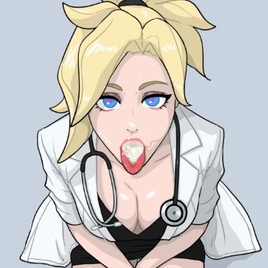 1girls, above view, after sex, argskit, blizzard entertainment, blue eyes, cleavage, clothed, cum, cum in mouth, cum on tongue, doctor, heart-shaped pupils, looking at viewer, mercy