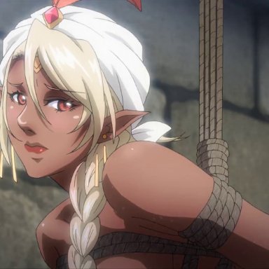 4girls, animated, bdsm, bikini warriors, blonde hair, bondage, braid, braided ponytail, captured, completely naked, completely nude, dark-skinned female, dark elf (bikini warriors), dark skin, drill hair