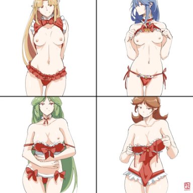 alternate costume, alternate eye color, automatic giraffe, breasts, christmas outfit, crossover, fire emblem, fire emblem: awakening, kid icarus, long hair, looking at viewer, lucina, lucina (fire emblem), mario (series), medium breasts