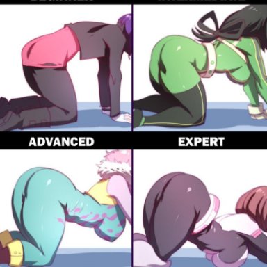 beginner intermediate advanced expert, bokuman, clothed, female only, kyoka jiro, meme, mina ashido, my hero academia, ochako uraraka, on all fours, positions, presenting, presenting hindquarters, tagme, tsuyu asui