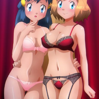 2girls, absurd res, alternate breast size, alternate outfit, blonde hair, blue eyes, blue hair, bra, breasts, cleavage, dawn (pokemon), female, female only, garter belt, high resolution