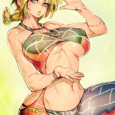 1girls, abs, big breasts, breasts, female, female only, fumio (rsqkr), jojo's bizarre adventure, jolyne kujo, large breasts, looking at viewer, solo, stone ocean, thick thighs, underboob