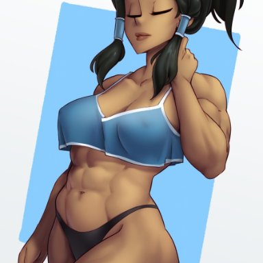 1girls, abs, avatar the last airbender, black thong, bra, camisole, cleavage, closed eyes, dark-skinned female, korra, muscular female, navel, nipple bulge, nortuet, panties