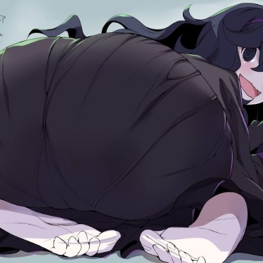 1girls, all fours, amasora taichi, ass, ass focus, black hair, blush, commentary request, dated, feet, hairband, hex maniac, long hair, looking at viewer, looking back