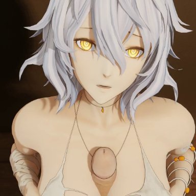 1boy, 1girls, alternate breast size, bangs, bare shoulders, big breasts, big penis, blush, boobjob, breast squeeze, breasts, clothed, clothed sex, code vein, collarbone