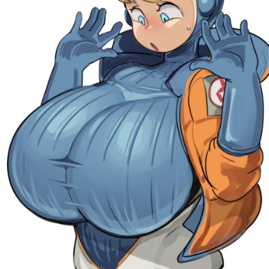 1girls, apex legends, big breasts, blonde hair, blue eyes, blush, breasts, cham22, chamchami, doodle, female, gloves, huge breasts, large breasts, short hair