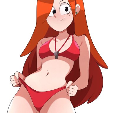 1girls, abysswatchers, bikini, breasts, earrings, female, freckles, gravity falls, long hair, orange hair, solo, standing, thick thighs, thighs, wendy corduroy