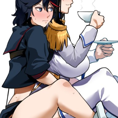 2girls, annoyed, black hair, blue eyes, blush, cuddling, fingering, groping from behind, human, incest, kill la kill, kiryuuin satsuki, matoi ryuuko, no panties, panties