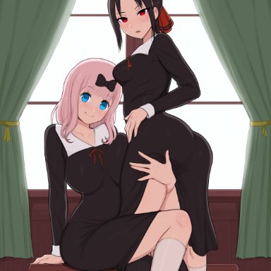 2girls, absurd res, afrobull, ass, big breasts, black hair, blue eyes, breasts, eye contact, female, female only, fujiwara chika, grope, high resolution, kaguya-sama wa kokurasetai ~tensai-tachi no renai zunousen~