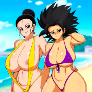 2girls, areolae, big breasts, bikini, black hair, breasts, caulifla, chichi, darwaarts, dragon ball, dragon ball super, dragon ball z, female, female only, hand on hip