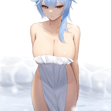 absurdres, bangs, blue hair, blush, breasts, cleavage, closed mouth, collarbone, covering, eula (genshin impact), eyebrows visible through hair, female, female, genshin impact, highres