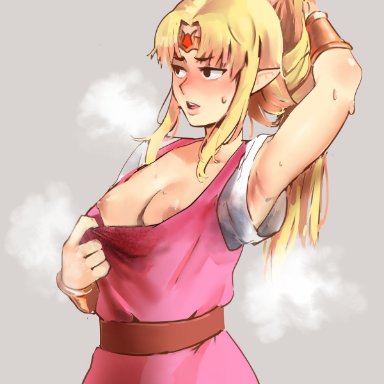 1girls, areolae, arm behind head, armpit fetish, armpit hair, armpit peek, armpits, bangle, bangs, belt, blonde hair, blush, breasts, clothing, dress