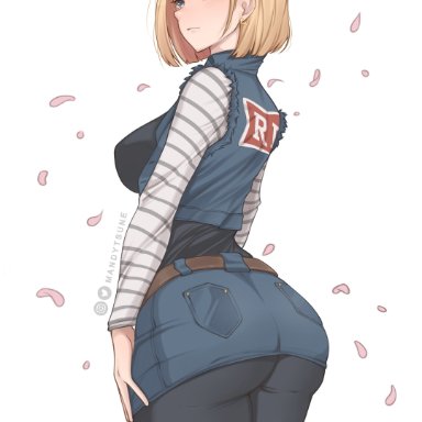 1girls, absurd res, android 18, blonde hair, blue eyes, clothing, dragon ball, dragon ball z, female, female only, legs together, mandytsune, medium hair, petals, solo