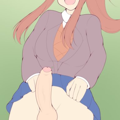 1futa, balls, big penis, breasts, brown hair, clothed, clothing, doki doki literature club, erect penis, erection, futa only, futanari, green eyes, human, light-skinned futanari