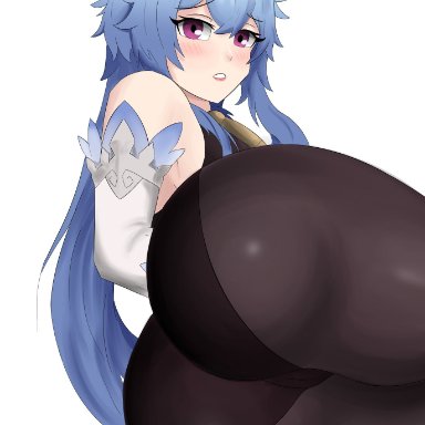 1girls, ass, ass focus, big ass, big butt, blue hair, eye contact, female, ganyu (genshin impact), genshin impact, horns, long hair, looking at viewer, red eyes, sol-sama d2