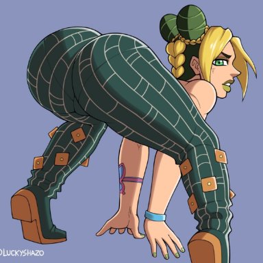 1girls, ass, big ass, blonde hair, cameltoe, female, female only, female protagonist, green eyes, green hair, huge ass, jojo's bizarre adventure, jolyne kujo, luckyshazo, pose