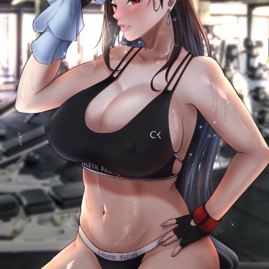 1girls, 2021, blush, breasts, brown hair, calvin klein, cleavage, company logo, earring, erect nipples, erect nipples under clothes, female, female only, final fantasy, final fantasy vii