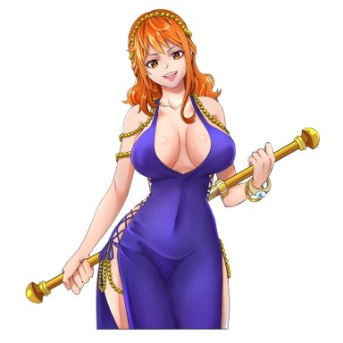 absurdres, bangs, bare shoulders, behind back, breasts, breasts apart, cleavage, covered navel, dress, female, female focus, groin, hand up, happy, head tilt