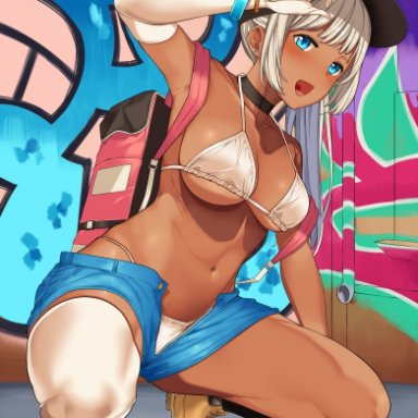 1girls, arm up, armband, armpits, asymmetrical clothes, asymmetrical gloves, asymmetrical legwear, backpack, bangs, bare arms, bare midriff, bare shoulders, bare thighs, belly button, bikini