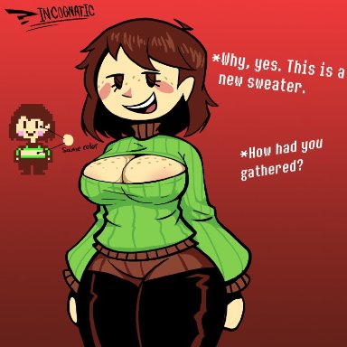 1girl, 1girls, blush, boob window, brown hair, chara, dialogue, freckles, freckles on breasts, freckles on chest, freckles on face, green sweater, human, incognatic, open mouth