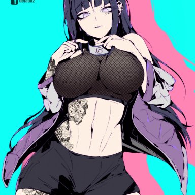 1girls, big breasts, breasts, clothed, defaultz 17, eyebrows visible through hair, hotpants, human, hyuuga hinata, large breasts, looking at viewer, naruto, nipple bulge, nipples visible through clothing, revealing clothes