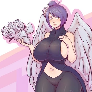 1girls, areolae, bare arms, bare shoulders, bbw, belly button, belly piercing, big breasts, blue nail polish, blue nails, blush, bob cut, bouquet, busty, cameltoe