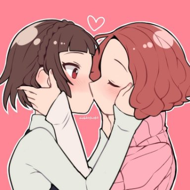 2girls, artist name, blush, brown hair, do m kaeru, eyes closed, female, female only, hands on another's face, hands on cheeks, haru okumura, heart, holding each other, kissing, makoto niijima