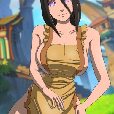 1girls, apron, bare arms, bare legs, bare shoulders, big breasts, boruto: naruto next generations, breasts, brown hair, busty, clavicle, cleavage, collarbone, eyelashes, female