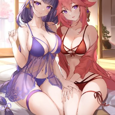 2girls, bangs, bare shoulders, bedroom, bikini, blue flower, blush, braid, braided ponytail, breasts, cleavage, closed mouth, duo, duo focus, eyebrows visible through hair