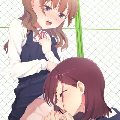 2boys, blowjob, blush, brown eyes, brown hair, censor bar, censored, fellatio, femboy, feminization, girly, hokuro ryuuseigun, licking, licking penis, long hair