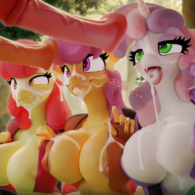 3d (artwork), absurd res, anthro, apple bloom (mlp), areola, big breasts, big macintosh (mlp), blender (software), bodily fluids, breasts, clothed, clothing, cum, cum in mouth, cum inside