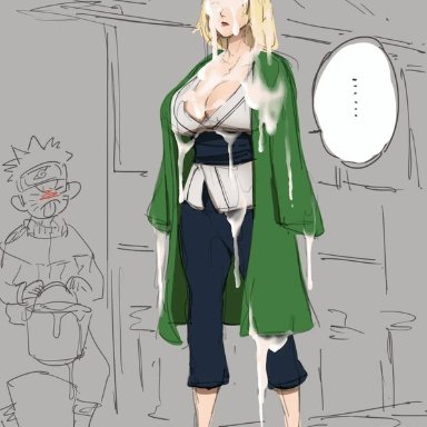 blonde hair, cum, cum bucket, cum on body, cum on breasts, huge breasts, mature female, naruto, overflowing cum, public, speechless, tsunade, unamused, uzumaki naruto, xshuai