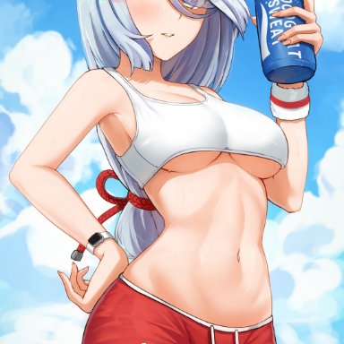 1girls, abs, absurd res, belly button, big breasts, blue eyes, blush, bottle, braid, braided hair, breasts, cloud, detailed background, female, fit