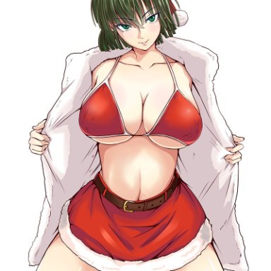 1girls, belly, belt, big breasts, breasts, christmas, erect nipples, erect nipples under clothes, exhibitionism, fubuki (one-punch man), green eyes, green hair, kawa, kneeling, large breasts