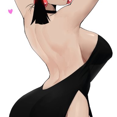 1girls, 2021, arms up, artist signature, ass, ass focus, back, back view, backboob, backless outfit, black dress, black eyes, black hair, blush, breasts