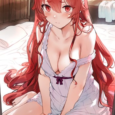 1girls, ahoge, bangs, bare arms, bare shoulders, barefoot, bed, bedroom, blush, breasts, clavicle, cleavage, closed mouth, collarbone, day