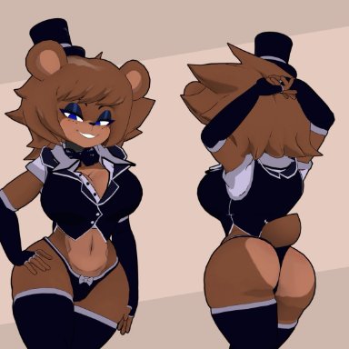 armwear, ass, big breasts, black legwear, black panties, brown body, brown hair, cally3d, five nights at freddy's, freddy (fnaf), fredina's nightclub, hat, lipstick, long hair, purple eyes