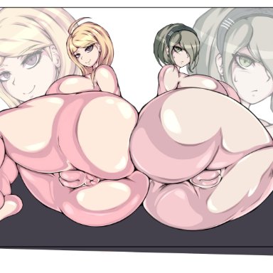 2girls, akamatsu kaede, anus, ass, ass focus, big ass, big breasts, big butt, big thighs, breasts, butt, chrona draws, clothes removed, completely naked, completely nude
