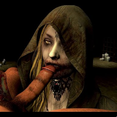 1boy, 1girls, 3d, animated, bela (resident evil), black lipstick, blonde hair, blowjob, chadratsfm, clothed, clothed female, clothed female nude male, female, knife, large penis