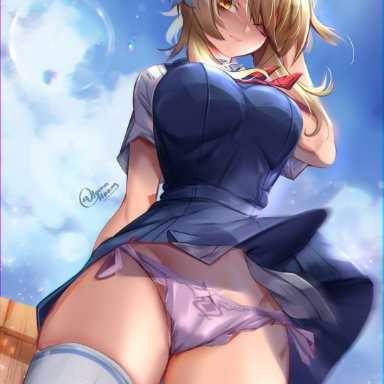 1girls, animahakim x x, big breasts, blonde hair, breasts, cameltoe, eye contact, female, genshin impact, large breasts, looking at viewer, lumine (genshin impact), panties, standing, thick thighs