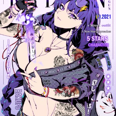 1girls, breasts, cleavage, defaultz 17, female, female only, genshin impact, large breasts, looking at viewer, magazine cover, pubic tattoo, purple eyes, purple hair, raiden shogun, revealing clothes