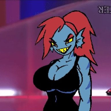 1girls, animated, anthro, blue skin, bouncing breasts, breasts, clothed, deltarune, grin, red hair, trickster, undertale, undyne, yellow eyes